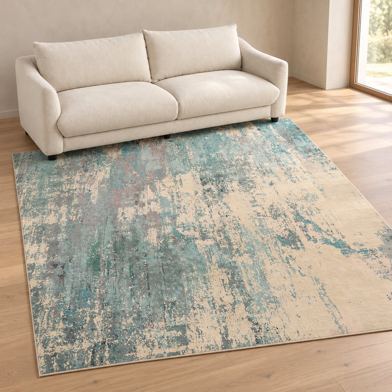 Alfombra 200 × 300 cm — Tapis Lagune en ambiente con el sofá Canapé Craie